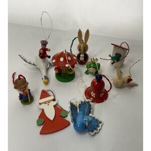 Lot Of 10 Vintage Assorted Wooden Christmas Ornaments- Hand Painted Unique